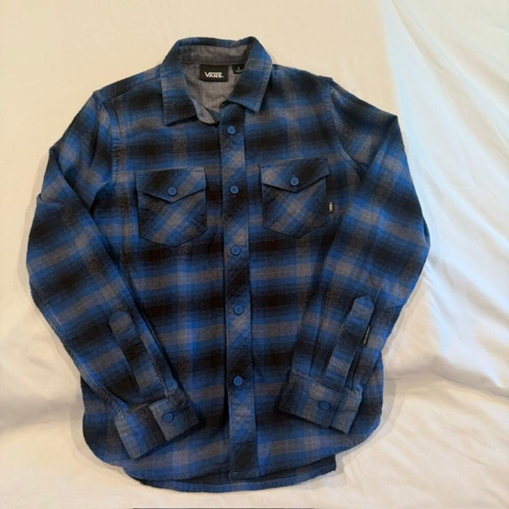 Vans Boys Blue Black Plaid Flannel Button Down Shirt Youth Small